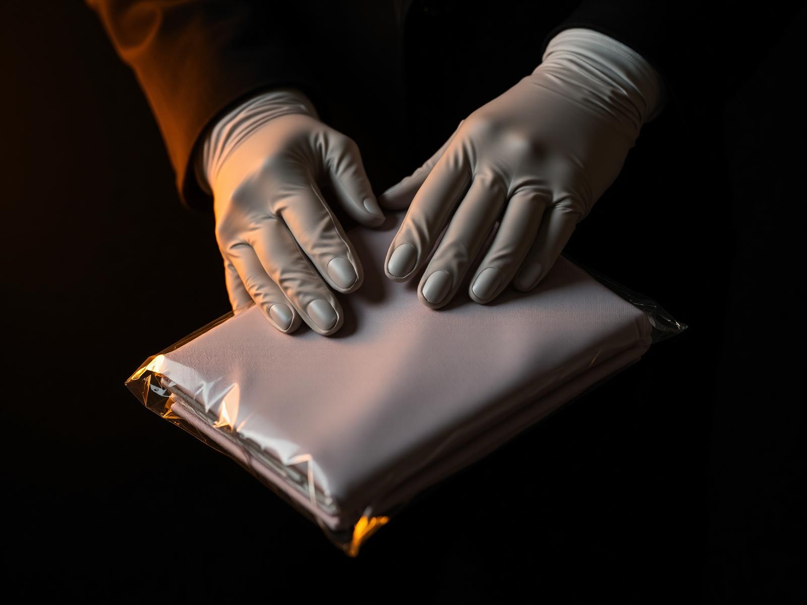 Gloved hands carefully handling a freshly pressed garment in protective wrap